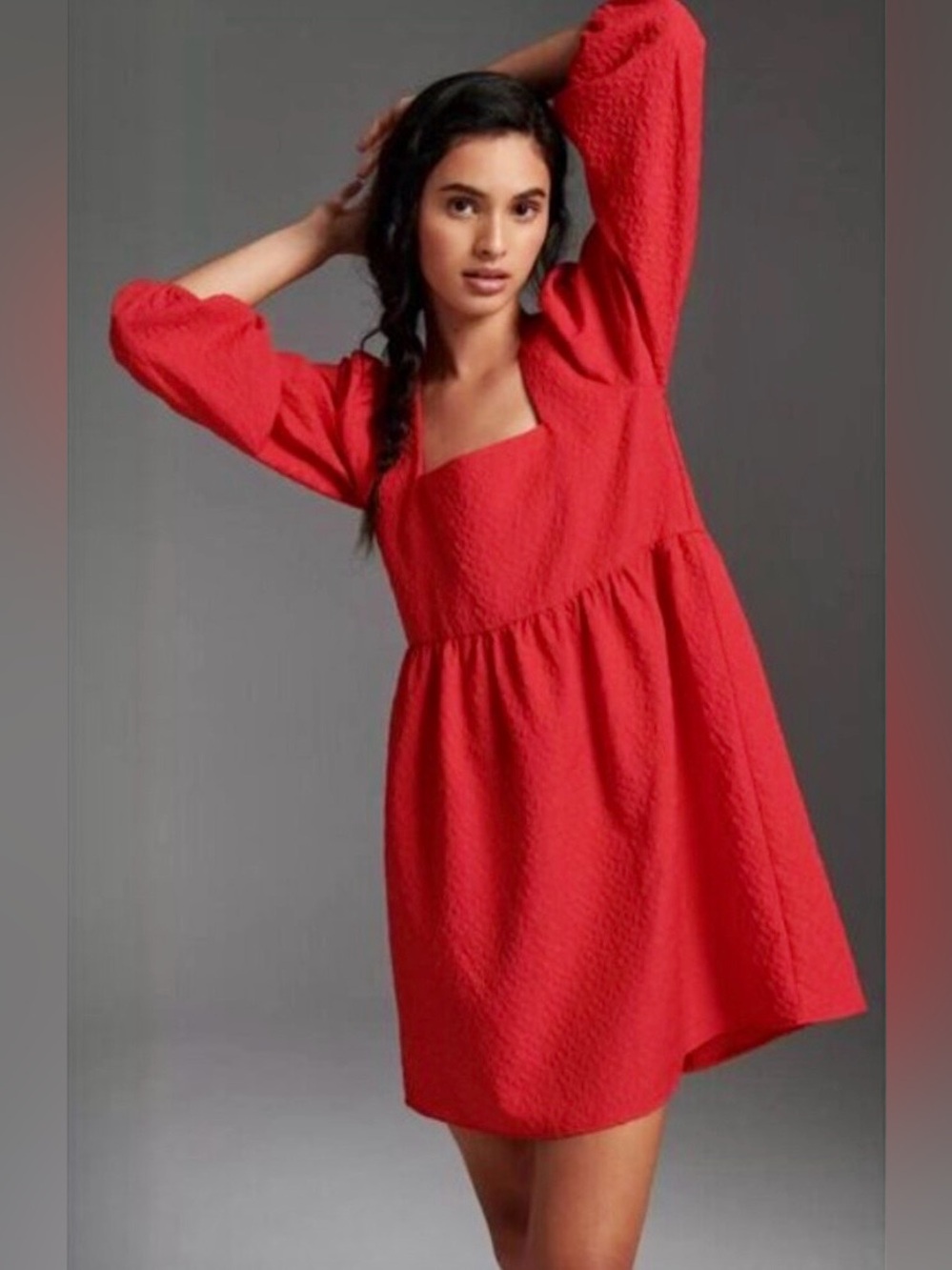 Amadi Anthropologie Esther Mini Dress in Red with Square Neck & Puff Sleeves